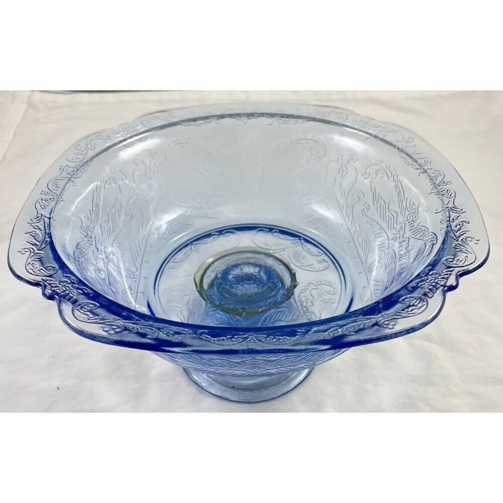 Blue Madrid Pedestal Serving Bowl Indiana Glass Depression Vintage